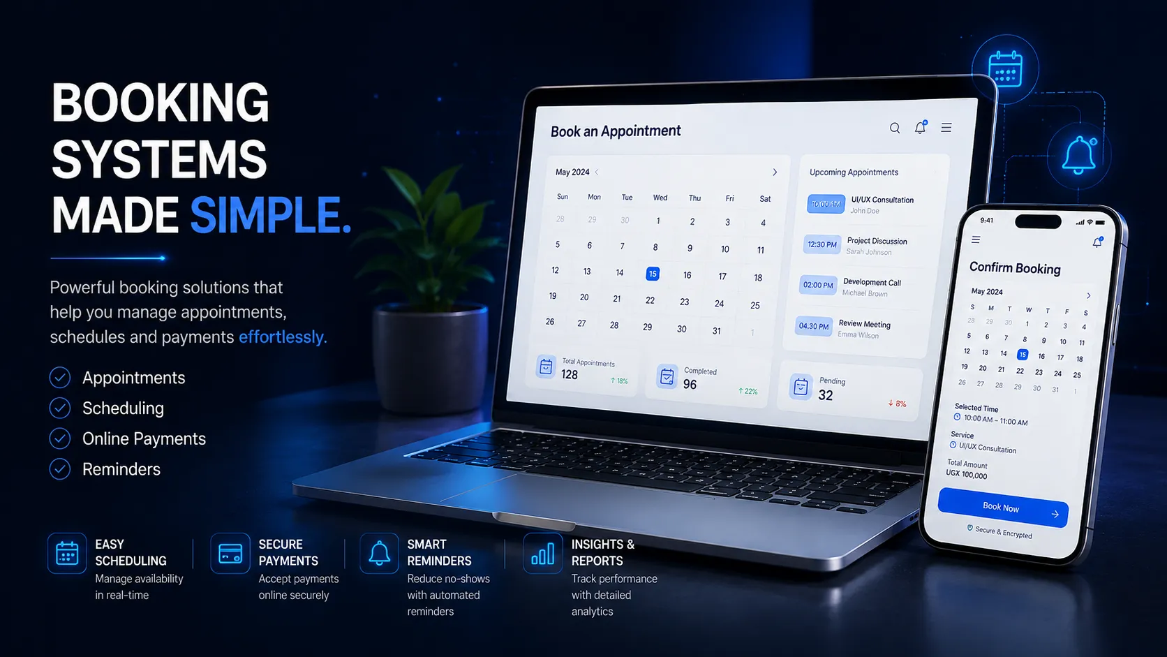 Booking system interface on laptop and mobile phone showing appointment scheduling
