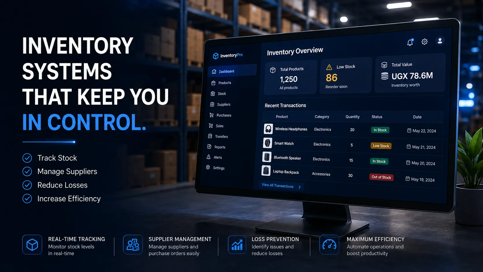 Inventory management dashboard with product listings and stock levels