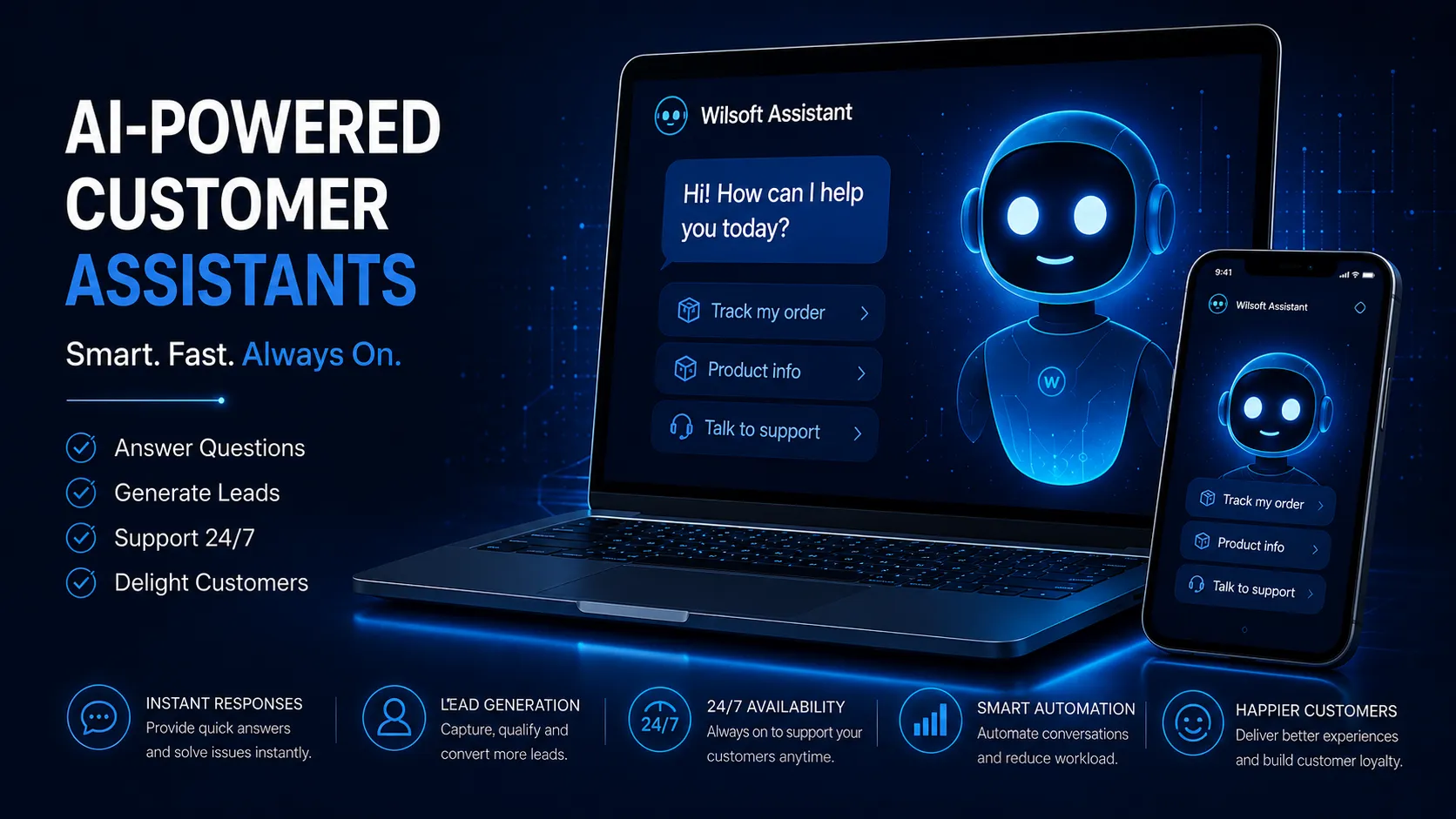 AI assistant interface on laptop and mobile showing chat conversation